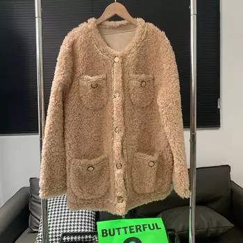 Пальто с меховым покрытием Xiaoxiangfeng, новое длинное пальто из гранулированной шерсти на осень и зиму one size fits all хаки