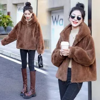 Пальто с меховым покрытием женское зимнее с капюшоном шуба из экологически чистого меха овечья шерсть пальто S (45 kg-52.5 kg) белый