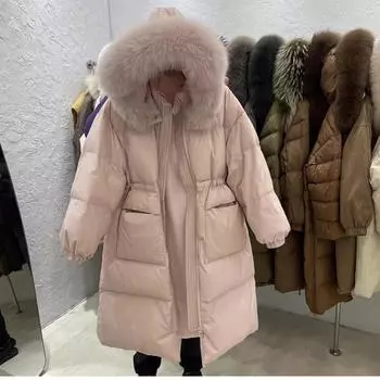 Пальто с меховым воротником на утином пуху, верхняя одежда, длинное стеганое пальто, теплые пушистые парки, свободное зимнее пальто для женщин XXS белый