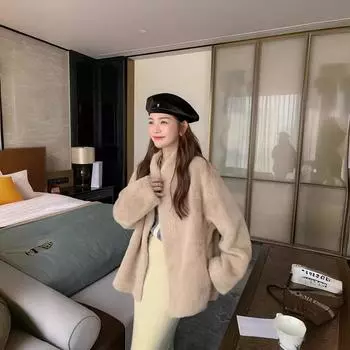 Пальто с меховым вставкой, женственный темперамент, высококачественное норковое плюшевое пальто из экологически чистого меха, воротник-стойка, средней длины, для ленивой зимы S recommendation: 90-57.5 kg