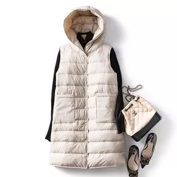 Пальто с основанием вниз внутри, легкая и тонкая средняя и длинная внутренняя подкладка, пуховик с капюшоном, жилет, жилет, женский S чёрный
