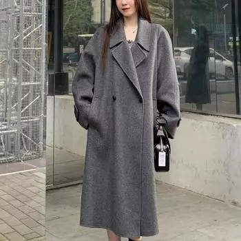 Пальто с поясом и большим лацканом, двухстороннее кашемировое пальто из 100% овечьей шерсти, корейская версия, повседневное шерстяное пальто XXS