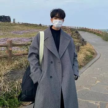 Пальто с узором «ёлочка», мужское, средней длины, в корейском стиле, модная ветровка выше колена, мужское утолщенное повседневное свободное пальто M серый