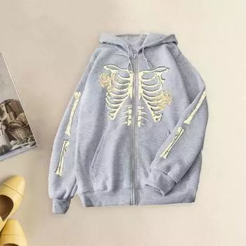 Пальто с застежкой-молнией и принтом черепа, длинное, с капюшоном и карманами для женщин и мужчин XL чёрный