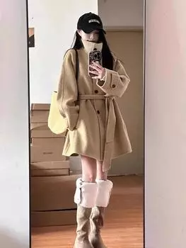 Пальто шерстяное цвета хаки женское новинка 2024 года осень-зима высококачественное шерстяное пальто маленький свободный верх S хаки