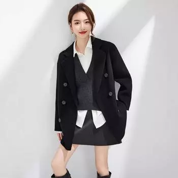 Пальто шерстяное двухстороннее из чистой шерсти женское осенне-зимнее короткое мужское 1 пальто свободное для поездок на работу S (90-60 kg)