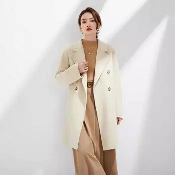 Пальто шерстяное двухстороннее из чистой шерсти, женское двубортное, с поясом средней и длинной длины, шерстяное пальто на осень и зиму, теплое для поездок на работу S (90-60 kg)