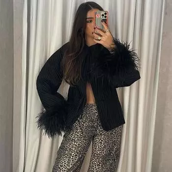 Пальто со шнуровкой и бантом, женская мода, пэчворк, перо, длинный рукав, утолщенные теплые женские куртки 2024, осенняя уличная шикарная однотонная плиссированная женская верхняя одежда S чёрный