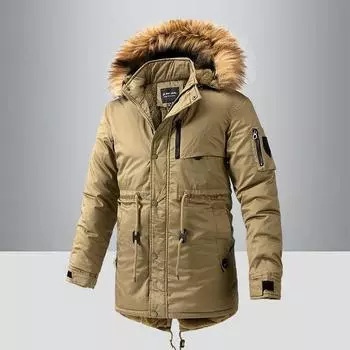 Пальто средней длины из хлопка для рабочей одежды, зимнее мужское утолщенное пальто с большим меховым воротником и капюшоном из хлопка L чёрный