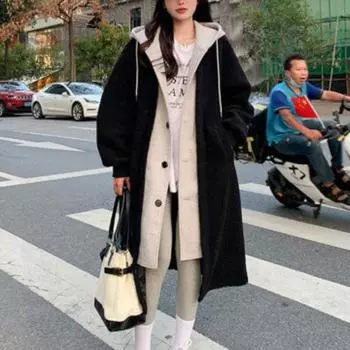 Пальто средней длины из искусственного бархата ягненка, состоящее из двух частей. Осень-зима. Новое универсальное свободное пальто высокого класса для женщин в стиле ленивой моды. M чёрный