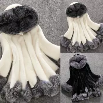 Пальто средней длины с капюшоном из искусственного меха, женская верхняя одежда, пальто на зиму L чёрный