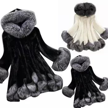 Пальто средней длины с капюшоном из искусственного меха, женская верхняя одежда, пальто на зиму M чёрный