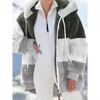 Пальто-тедди с капюшоном и цветными блоками, повседневная зимняя теплая верхняя одежда с длинным рукавом и застежкой-молнией, женская одежда S фиолетовый