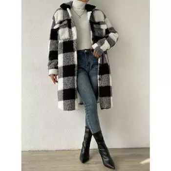 Пальто-тедди с клетчатым узором, элегантная верхняя одежда с длинными рукавами и открытым передом, женская одежда S чёрный