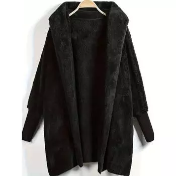 Пальто-тедди с открытым передом и капюшоном, повседневная однотонная зимняя верхняя одежда с длинным рукавом, женская одежда One size чёрный