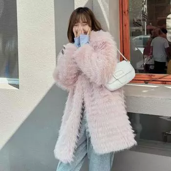 Пальто Тока из искусственного финского лисьего меха в полоску, корейское однотонное женское пальто средней длины с воротником-поло S