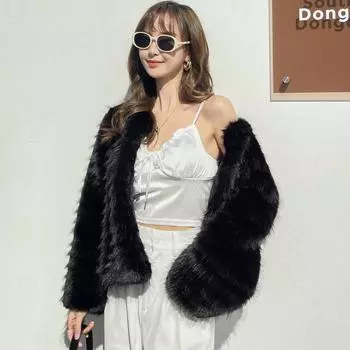 Пальто Тока из искусственного меха финской лисы в полоску, корейское однотонное женское короткое пальто S