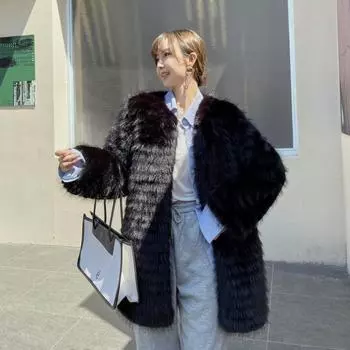 Пальто Тока из искусственного меха финской лисы в полоску, корейское однотонное черное пальто средней длины S