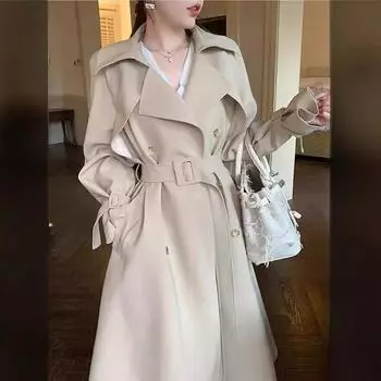 Пальто-тренч цвета хаки для женщин средней длины, простое весенне-осеннее новое пальто в корейском стиле в британском стиле XS