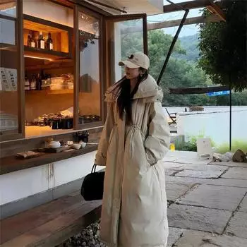 Пальто-тренч с капюшоном, пуховик женский, зимняя новая куртка на зимнем шнурке длиной до колена, белого цвета на утином пуху S