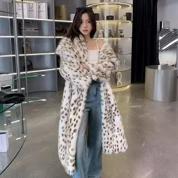 Пальто-тренч с плетеным лацканом и оборками по краю из меха лисы, имитация меха енота, шуба S цветной печати леопарда