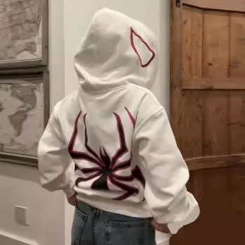 Пальто унисекс с принтом паука в темном стиле панк, костюм унисекс на Хэллоуин, хип-хоп, мягкое плюшевое пальто на молнии с длинными рукавами и капюшоном, зимне-осеннее пальто 2XL чёрный