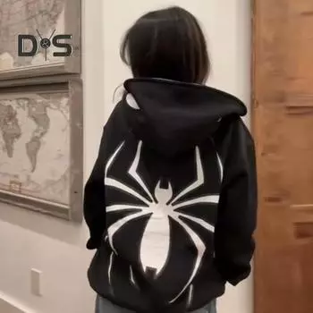 Пальто унисекс с принтом паука в темном стиле панк, костюм унисекс на Хэллоуин, хип-хоп, мягкое плюшевое пальто на молнии с длинными рукавами и капюшоном, зимне-осеннее пальто 2XL чёрный