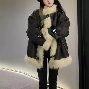 Пальто в американском стиле из овечьей шерсти, женское зимнее свободное и флисовое, однонишевый дизайн, утолщенный мотоциклетный хлопковый костюм 4XL