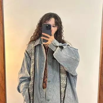Пальто в американском винтажном стиле, женское, осеннее, контрастного цвета, с воротником-лацканом, студенческое, джинсовое, с длинными рукавами, топы S синий