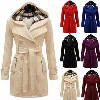 Пальто в клетку с капюшоном и поясом, двубортное длинное пальто XXXL чёрный