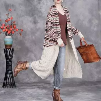 Пальто в полоску в китайском стиле Johnature, трикотажное пальто в стиле ретро, женское, осеннее, винтажное, с длинными рукавами и V-образным вырезом, повседневное пальто One Size