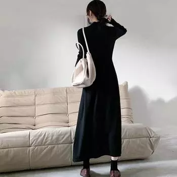 Пальто в стиле Хепберн с низом, трикотажное платье-свитер, женское новое французское платье-свитер, черная полуводолазка, длинное платье one size fits all чёрный