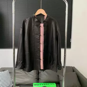 Пальто в стиле Лю Вэнь, кожаная куртка, воротник-стойка на пуговицах, овчина растительного дубления, женские 24 модели на весну и осень one size fits all чёрный