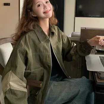 Пальто в винтажном американском стиле для мужчин, повседневная короткая куртка с корейским дизайном, свободная бейсбольная куртка для весны и осени S зелёный