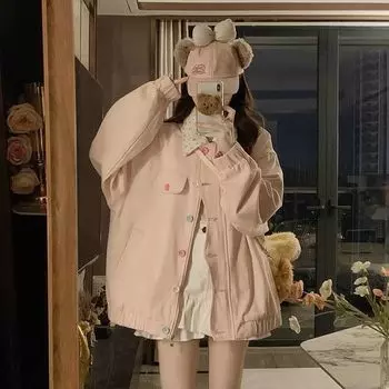 Пальто в винтажном стиле в японском стиле с цветочной лоскутной отделкой, отложным воротником, женское, на осень и зиму, стильное, нишевый стиль, милое, милое, антивозрастное, куртка, топы Pink L
