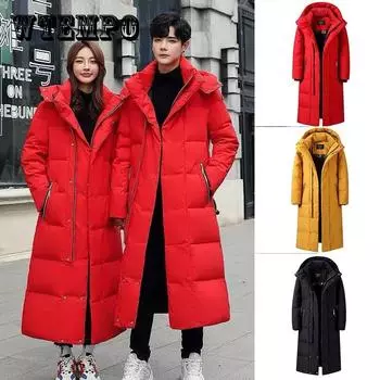 Пальто выше колена, мужские шелковые пальто с хлопковой подкладкой, женская зимняя толстая теплая куртка, парка для влюбленных 4XL красный