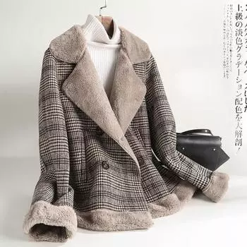 Пальто женское 2024 осень и зима новое клетчатое меховое пальто с интегрированным воротником короткая утолщенная куртка из овечьей шерсти шерстяное пальто S 40kg-47.5kg кофейный