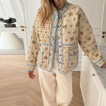 Пальто женское с принтом в стиле пэчворк, однобортное, с большими карманами, свободное, повседневное, с воротником-стойкой, большого размера, осень-зима S синий