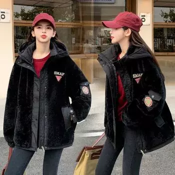 Пальто женское осенне-зимнее большого размера с капюшоном, однотонное, свободное, утолщенное, ветрозащитное, женская куртка M чёрный