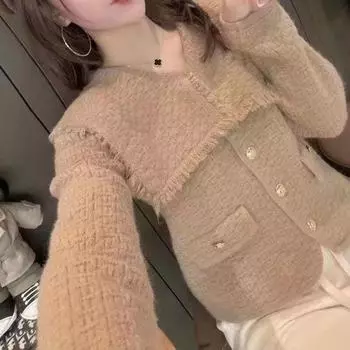 Пальто женское осенне-зимнее, Европейское повседневное пальто с длинными рукавами в Корейском стиле, модное темно-синее пальто с открытым карманом и золотыми пуговицами, кардиган