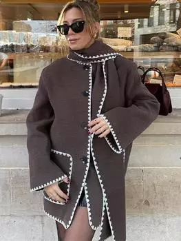 Пальто женское с длинным рукавом в стиле пэчворк с шарфом, однобортное, с круглым вырезом, карманом, осенние женские куртки S коричневый