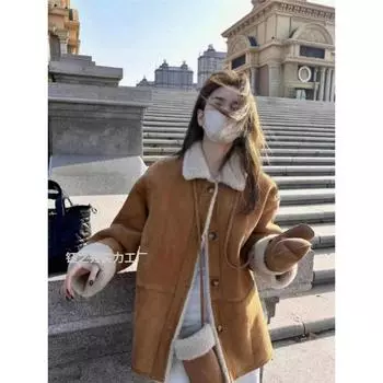 Пальто женское с меховым покрытием 2024 года, зимнее новое пальто из овечьей шерсти, экологически чистое меховое замшевое плюшевое пальто для молодых Within S52.5 kg хаки