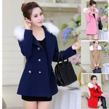 Пальто женское шерстяное длинное осенне-зимнее с меховым воротником S