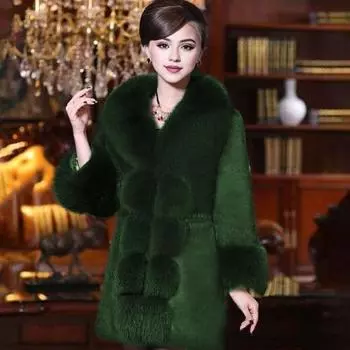 Пальто женское среднего возраста из искусственного меха с V-образным вырезом для выпускного банкета 2XL хаки