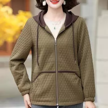 Пальто женское среднего возраста с капюшоном осеннее элегантное с длинным рукавом больших размеров верхняя одежда женские куртки XL зелёный