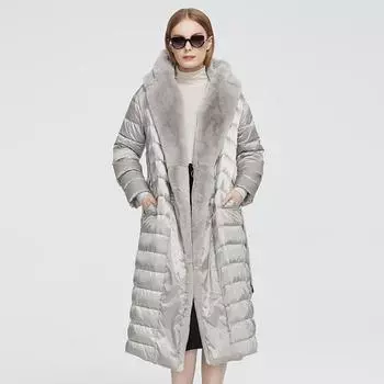 Пальто ZIAI 2024 Новая зимняя женская длинная теплая парка Куртка с капюшоном из натурального меха кролика Большие размеры Женская одежда Дизайн ZR-7518 3XL светло-серый