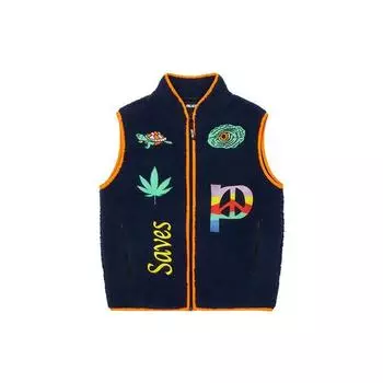 Palace FW22 Жилет на молнии с изображением Иисуса, льющегося алфавита, с мультяшной вышивкой и контрастной отделкой, жилет унисекс, темно-синий PAL-FW22-309