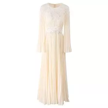 Palace Style 2025 Spring Summer New High end Plate Flower Embroidered Long dress Elegant Goddess Temperament Pleated Dress Beige S