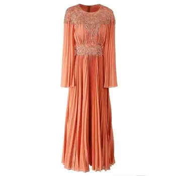 Palace Style Spring 2025 Summer New High end Heavy Industry Embroidered Pleated Long dress Light Luxury Fashion Big Hemline Dress Orange color S