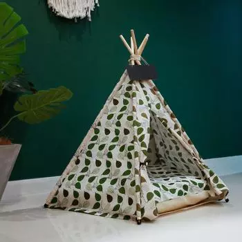 Палатка для домашних животных, домик для собак в виде листьев лайма, льняная ткань, деревянная палатка для домашних животных, съемный моющийся коврик S (40 40 50cm)
